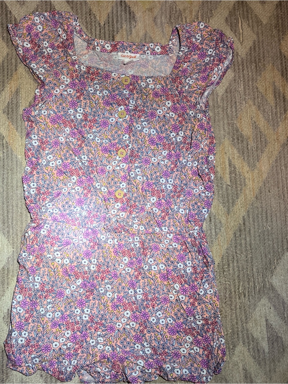 Cat & Jack Pink Floral Button Romper with Purple Accents